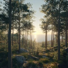Obraz premium peaceful pine forest, where the sea can be seen in the distance. The sunlight filtering through the trees adds a soft glow, enhancing the tranquility of the scene.