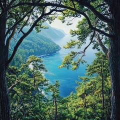 Obraz premium pine forest, where the towering trees frame a stunning view of the ocean.