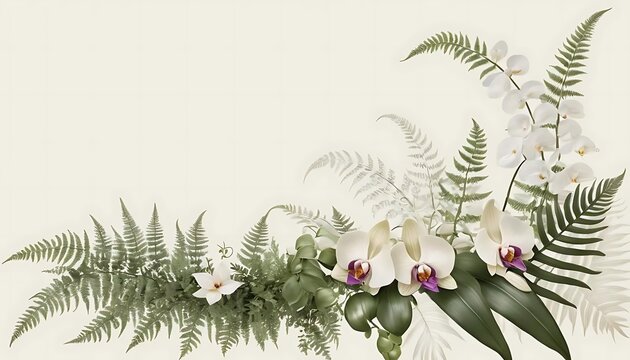 White Orchids and Ferns Botanical Illustration
