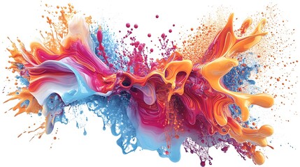 Vivid liquid acrylic paint dynamically swirling with explosive energy and delicate droplets, set against a white canvas, creating a bold and energetic business template