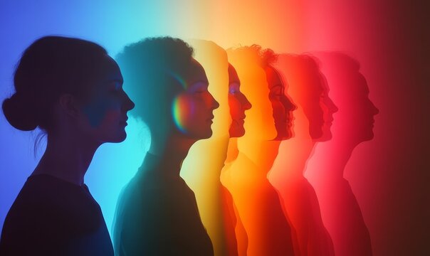 Rainbow-lit silhouettes, profile view, multiple figures.