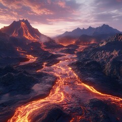 Fototapeta premium red lava flowing steadily over rough volcanic terrain.