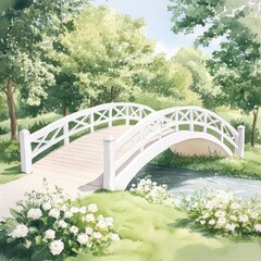 Fototapeta premium Enchanting watercolor of a whimsical bridge crossing a sparkling stream surrounded by a lush verdant botanical landscape of glowing trees vines and blooming flora