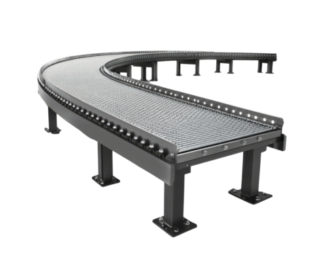 Conveyor belt system, industrial equipment, curved design, metal structure, efficient transport, warehouse solution, logistics technology, manufacturing process, heavy duty, durable material