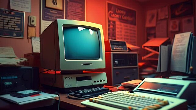 Retro computer desktop, 80s office, vintage tech, wall posters.