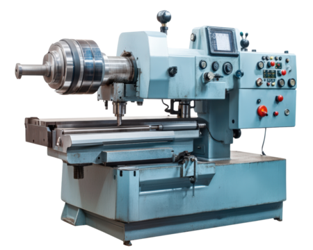 Industrial lathe machine with control panel and metal components, used for precision machining and shaping materials in manufacturing processes