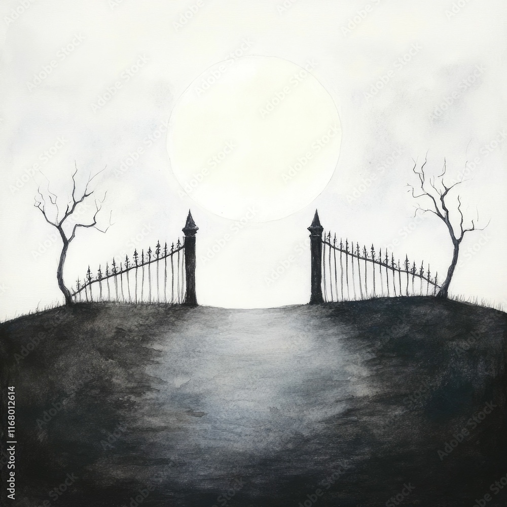 Poster enchanting watercolor painting of an ornate castle gateway glowing under a full moon the intricate a