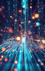 Obraz premium Vibrant streams of light in fiber optic cables, transmitting data through a futuristic city, illustrating the power of modern communication technology