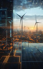 Naklejka premium A vision of the future with peak power technology, showing a blend of solar, wind, and smart grid systems optimizing energy consumption
