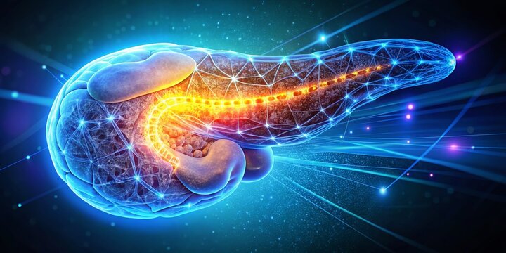 3D Rendered Pancreas: Illuminated Night Anatomy, Colorful Background Stock Photo