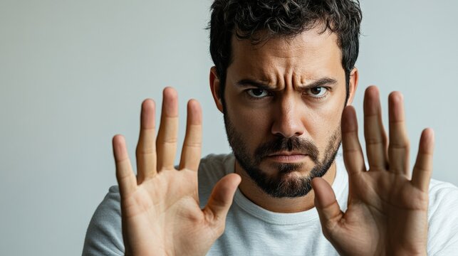 A stern-faced man firmly says “NO” while emphasizing rejection with strong hand gestures. His serious facial expression and assertive body language convey determination and refusal.
