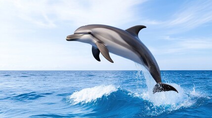 Obraz premium A dolphin leaps from the ocean, showcasing its agility and grace.