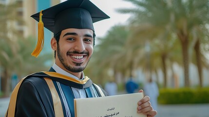 a male Saudi Arabian university graduate student wearing a graduation cap and holding his graduation certificate