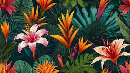 Fototapeta premium A vibrant botanical illustration showcasing a variety of tropical plants and exotic flowers, rendered in a modern, flat design with bold, contrasting colors,Generative Ai 