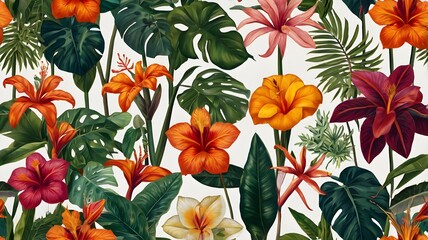 Obraz premium A vibrant botanical illustration showcasing a variety of tropical plants and exotic flowers, rendered in a modern, flat design with bold, contrasting colors,Generative Ai 