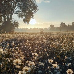 daisy field with the flowers in various stages of bloom, all stretching toward the sun.