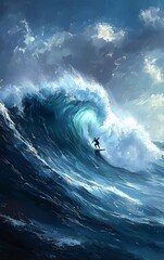 Obraz premium A surfer riding the crest of a massive wave, harnessing the energy and thrill of the ocean s power, surfer on wave, ocean adventure