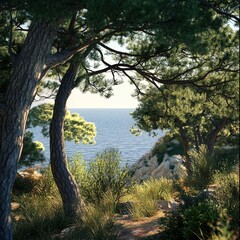 pine forest with a view of the sea, the branches swaying gently in the breeze