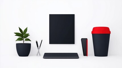 Minimalist workspace with a plant, cup, and blank canvas.