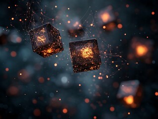 3D render of floating cubes surrounded by glowing lines and digital patterns in space 