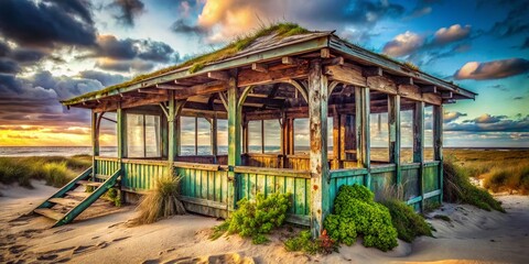 Fototapeta premium Abandoned Beach Pavilion: Urban Exploration Photography - Weathered Coastal Structure