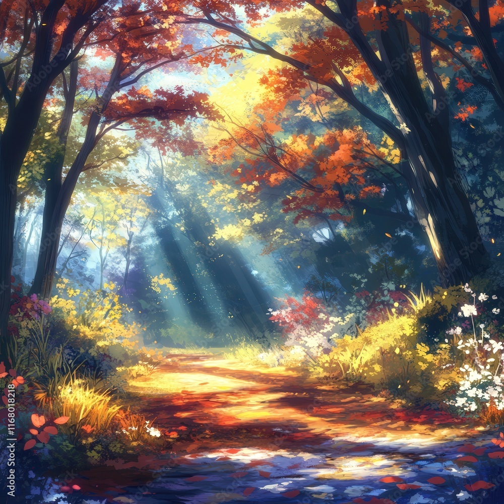 Poster autumn forest with vibrant fall foliage. sunlight filters through the trees,