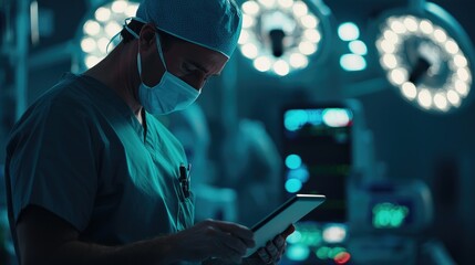 Medical Professional Using Tablet in Surgical Operating Room