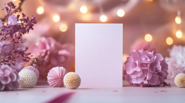 Front view of an elegant invitation mockup on a table, the scene includes delicate pink and purple flowers, 