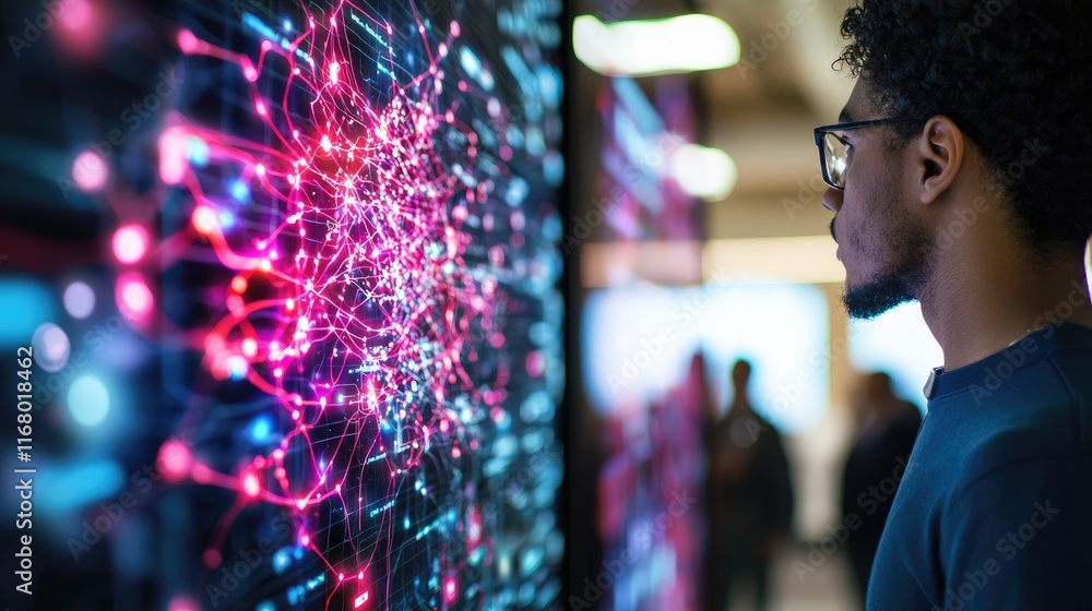 Poster man observing abstract digital visualization of data networks