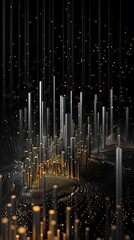 Background wallpaper Dynamic abstract cityscape featuring vertical structures illuminated by glowing lights against a dark background.