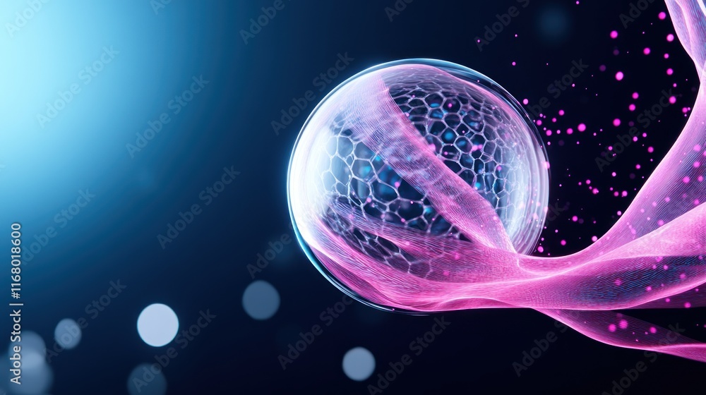 Poster abstract representation of a bubble with flowing pink elements.