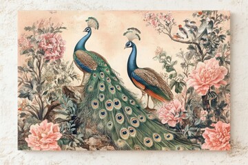 Vintage-style fine art canvas with hand-drawn peacocks, exotic birds, and intricate floral and plant motifs in a retro ornamental aesthetic.