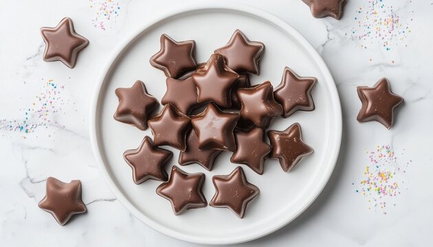 Star shape chocolate sweet snack for tea time on white plate flat lay view