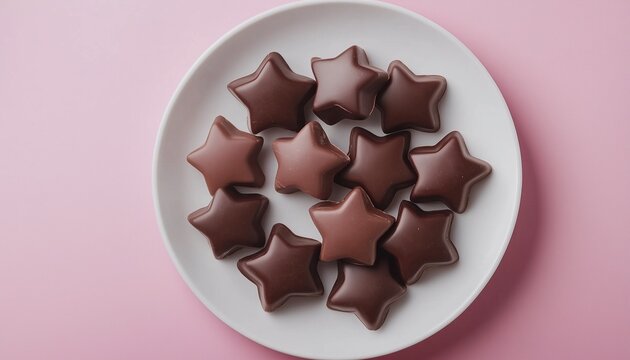 Star shape chocolate sweet snack for tea time on white plate flat lay view