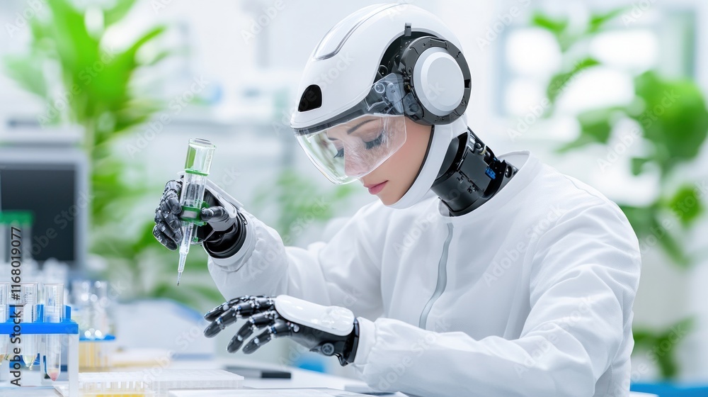 Poster a humanoid robot conducting experiments in a laboratory setting.