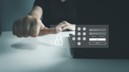 Fingerprint scanner to access information, verify to authentication, touching screen to login security, Internet of things, cloud computing, Internet connection, shopping online and cashless society
