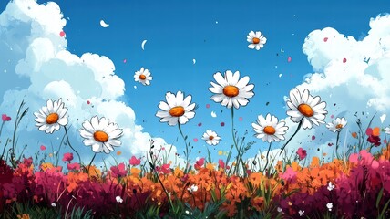 A vibrant field of colorful daisies under a bright blue sky, adorned with fluffy clouds and butterflies, creating a cheerful spring atmosphere.