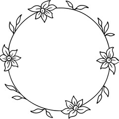 Floral circle blank frame outline line art hand drawn