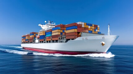 A large cargo ship loaded with containers sailing on the ocean.