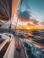 sailboat sailing toward the horizon as the sun sets.