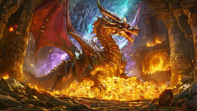 Fantasy Dragon Lair
"A massive dragon sitting atop a glittering hoard of gold and treasures in a mystical cavern. The scene features glowing crystals, ancient ruins, and a fiery glow emanating from th