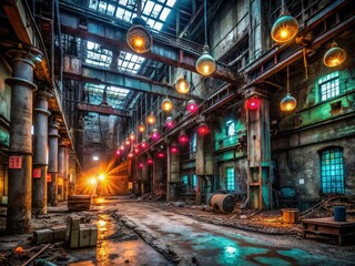 Fototapeta premium Abandoned Factory Interior with Glowing LED Bulbs - Urban Exploration Photography