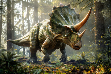 Amidst the towering trees of a primeval forest, a solitary triceratops dinosaur lumbers through the dense undergrowth