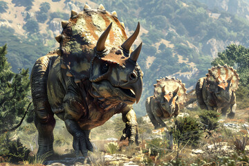 Fototapeta premium In the prehistoric valley, a herd of mighty triceratops roam freely, their massive forms casting shadows on the sun-kissed earth
