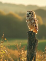 owl perched on a rustic post, looking over the open countryside. The landscape is tranquil,