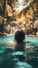 A woman swims in a pool with lush greenery behind her. The water is crystal clear and the sun is shining. This is a perfect way to relax and enjoy nature.