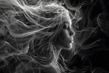 Fototapeta premium Background wallpaper Silhouette of a woman with flowing hair, surrounded by wispy smoke-like elements in a black and white aesthetic, conveying a sense of tranquility and mystery