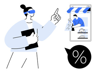 Person with augmented reality headset, pointing at virtual store on mobile device display, speech bubble with percentage sign. Ideal for shopping, technology, e-commerce, virtual reality, future