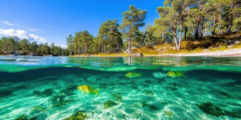 National parks camping outdoor, Vibrant underwater scene showcasing clear turquoise water, submerged plants, and a lush shoreline under a bright blue sky.