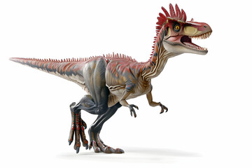 A male Dilophosaurus, a fearsome carnivorous theropod dinosaur from the Early Jurassic period, is depicted in stunning detail against a pristine white background
